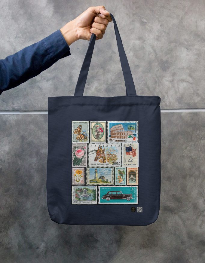 Vintage Stamp Art Tote Bag – Bottle Green Zipper Canvas Tote | Retro Collector Print | 100% Cotton, Eco-Friendly, Durable Everyday Carry Bag