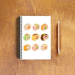 Sushi A5 Spiral Notepad – Cute Watercolour Sushi Roll Design | 120 Pages Ruled | Wire-Bound Notebook for School, Office, Journaling & Gifting