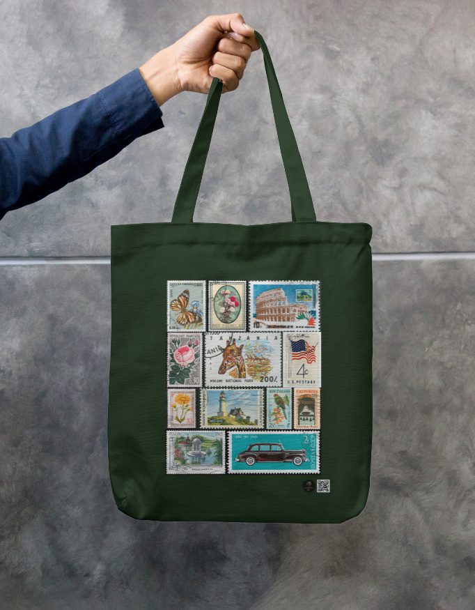 Vintage Stamp Art Tote Bag – Bottle Green Zipper Canvas Tote | Retro Collector Print | 100% Cotton, Eco-Friendly, Durable Everyday Carry Bag - Image 2