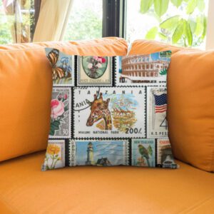 Vintage Postage Stamp Cushion Cover – 16x16 Inch | Soft Poly Lycra Fabric, Double-Stitched, Vibrant All-Over Print | Decorative Cover for